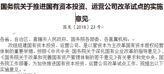 國務(wù)院關(guān)于推進(jìn)國有資本投資、運(yùn)營公司改革試點(diǎn)的實(shí)施意見